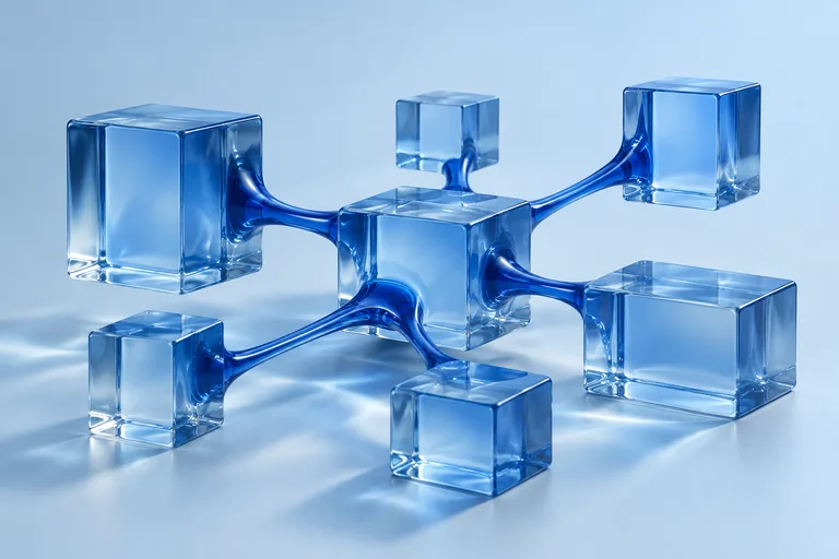 An abstract blue glass sculpture of connected blocks and channels.